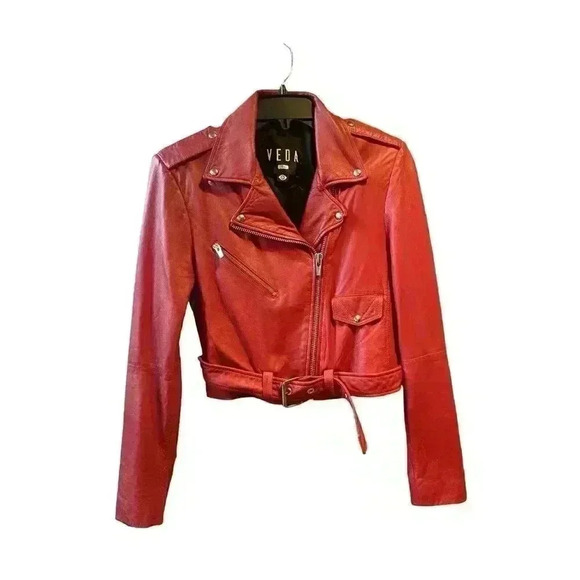 VEDA Baby Jane Leather Moto Jacket Red Size Small - Picture 6 of 14
